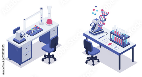 Modern isometric science laboratory with equipment and dna model