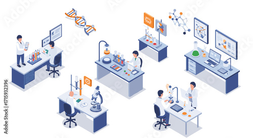 Isometric laboratory scene with scientists conducting research and experiments