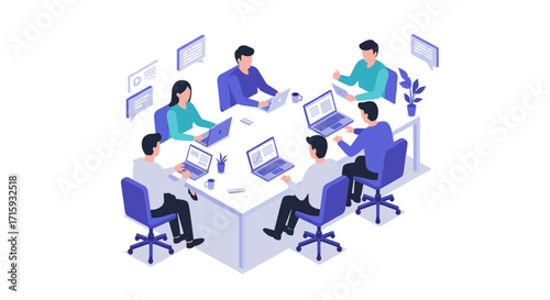 Collaborative office meeting with professionals in isometric style