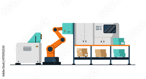 Modern robotic arm in flat style with packaging machine and conveyor system