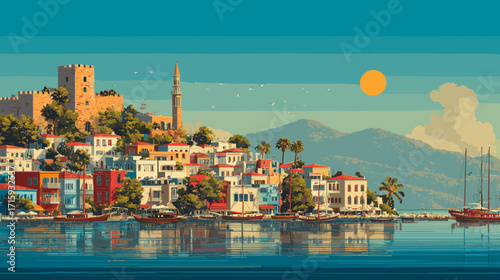  Cityscape of Bodrum, Turkey, attractive touristic advertisement poster, beautiful touristic must-see destination. Beautiful tourist destination, in eastern central europe. Historic buildings, mosque,