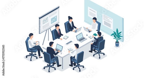Collaborative team meeting in office setting with modern technology