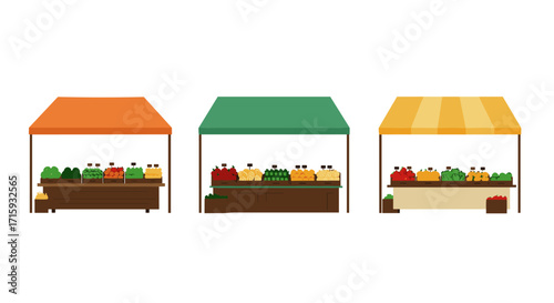 Colorful market stalls with fresh produce under vibrant tents