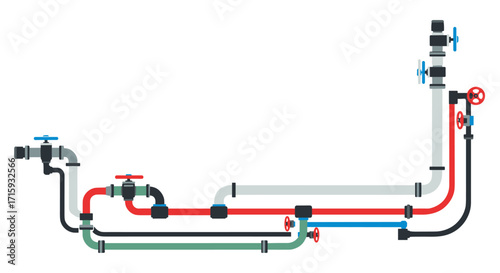 Colorful pipe system diagram with valves and connections