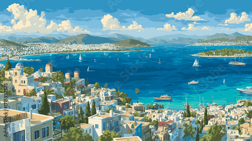  Cityscape of Bodrum, Turkey, attractive touristic advertisement poster, beautiful touristic must-see destination. Beautiful tourist destination, in eastern central europe. Historic buildings, mosque,