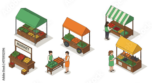 Isometric market stalls: fresh produce at outdoor farmers market