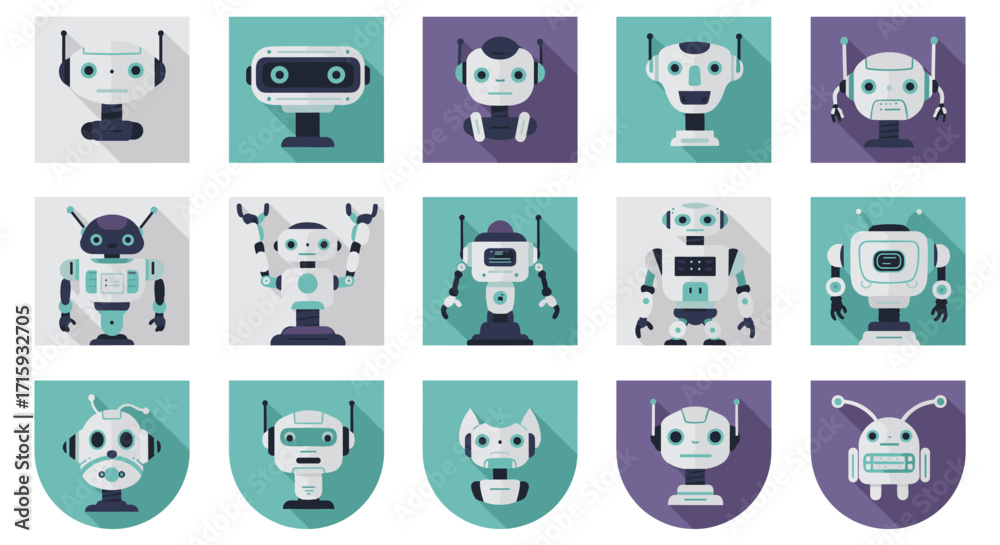 Obraz premium Collection of cute robot icons with flat long shadows on colorful backgrounds