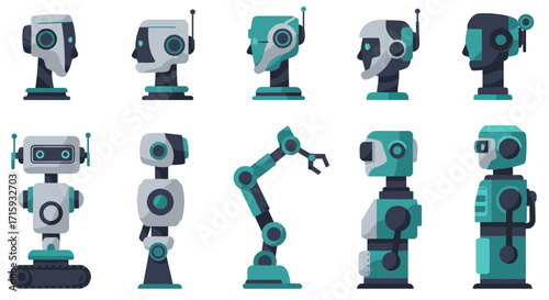 Flat style robot heads and robotic arms set in multiple views