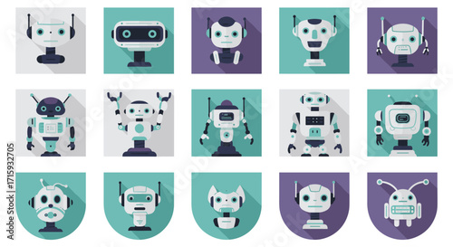 Collection of cute robot icons with flat long shadows on colorful backgrounds