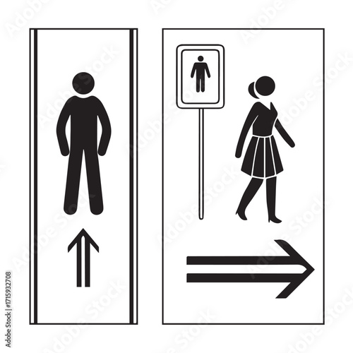 Restroom signs indicating directions for men and women, featuring stick figures and arrows, isolated on white background, providing clear guidance for locating the appropriate facilities
