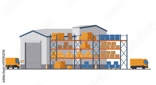 Modern warehouse storage facility with delivery trucks and cargo racks