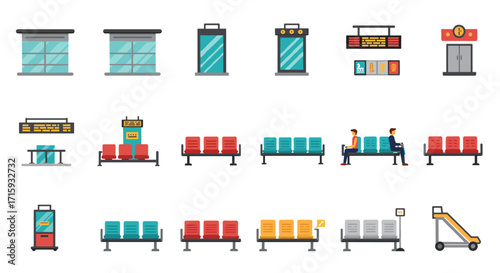 Colorful airport elements in flat design: terminals, gates, and seating arrangements
