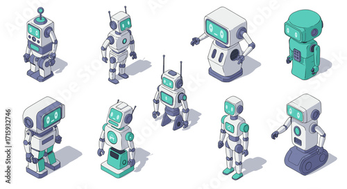Isometric cartoon robots with futuristic designs and colorful details
