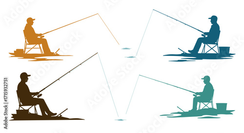 Colorful silhouette of people fishing in seated positions with fishing rods