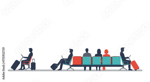 Busy airport waiting area with passengers and luggage