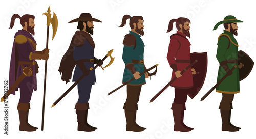 Medieval warrior attire collection displaying diverse armor and weaponry