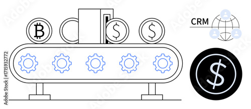 Conveyor belt with gears processing cryptocurrency and dollar coins, CRM network connection, black dollar coin icon. Ideal for business automation, blockchain, CRM, fintech, revenue, technology