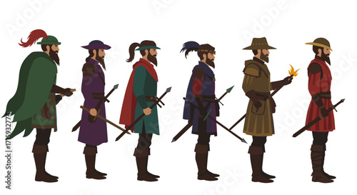 Medieval warriors in side profile with swords and cloaks in flat design