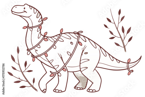 Cute cartoon sauropod dinosaur with festive pink and brown string lights standing pose.