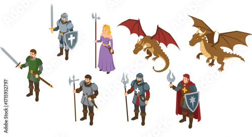 Medieval fantasy characters and dragons in isometric design