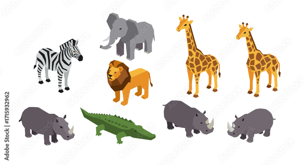 Obraz premium Isometric african wildlife collection featuring elephants, giraffes, lions, and more