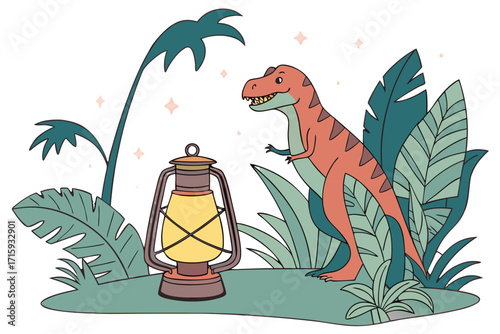 Cute cartoon TRex dinosaur with striped back and sharp teeth standing next to a glowing vintage lantern amidst lush jungle foliage.