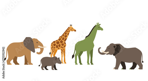 Flat safari animals: diverse wildlife featuring elephant, rhino, giraffe