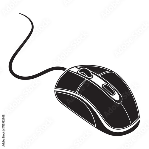 Illustration of a black computer mouse with a cord, isolated on white background, showcasing its ergonomic design and functionality for navigating digital interfaces with precision and ease
