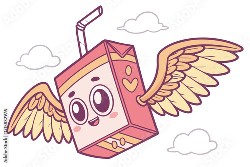Cute flying cartoon juice box character with wings and straw happy expression pink and yellow colors.
