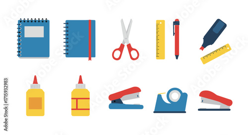Colorful flat icons of essential stationery supplies for school and office