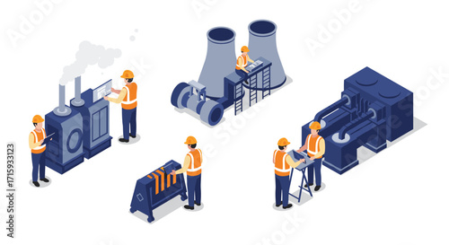 Industrial workers in safety gear operating various equipment in isometric design