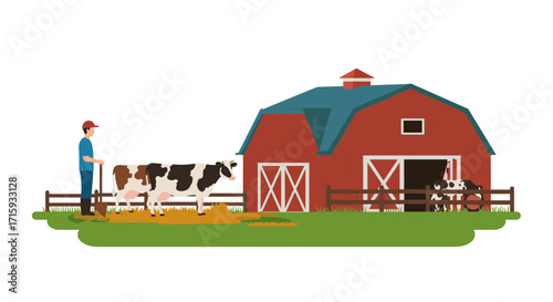 Farmer with cows at rustic barn: flat design agricultural scene