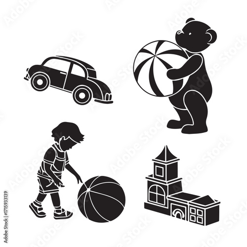 Illustration of toys isolated on white background, including a car, a teddy bear with a ball, a child playing with a ball, and a building block, representing childhood and play