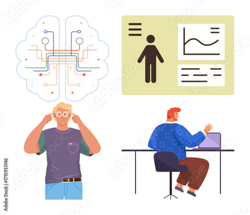 Person adjusting glasses for thinking, digital brain network, individual analyzing data on laptop, analytics display. Ideal for innovation, ideas, AI, education, research productivity conceptual
