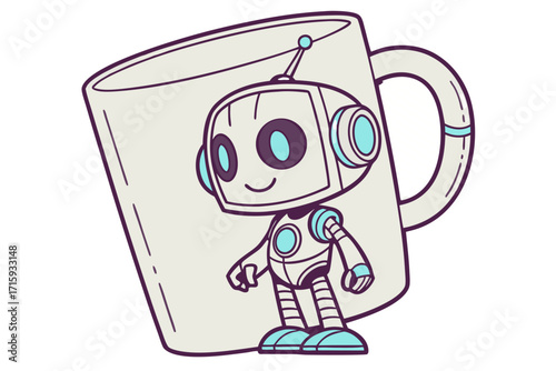 Cute smiling robot with blue accents standing by a large tilted mug vector illustration.