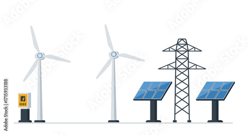 Renewable energy sources: wind turbines and solar panels with power grid connection