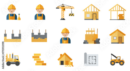 Construction site icons set featuring workers, buildings, and equipment in flat style
