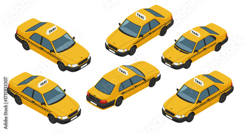 Isometric yellow taxi cab set with multiple angles and detailed views