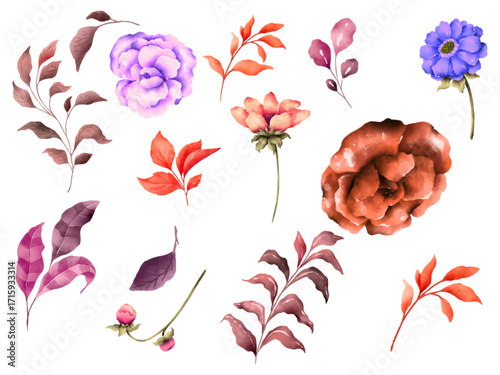 Set of Watercolor Botanical Leaf Illustrations. A collection of six stylized watercolor leaves and branches in muted autumnal tones of orange, yellow, and gray.