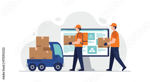Delivery team managing packages with online logistics system in flat style