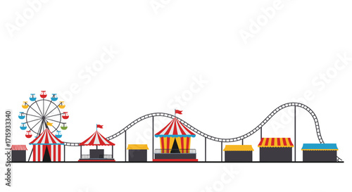 Colorful amusement park with roller coaster and ferris wheel on white background