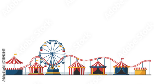 Colorful flat style amusement park with ferris wheel and tents