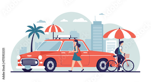 Urban summer scene with people biking and walking by cityscape