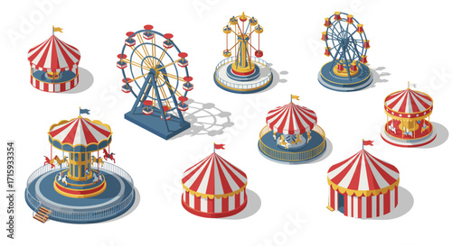 Colorful isometric carnival rides with tents and ferris wheels