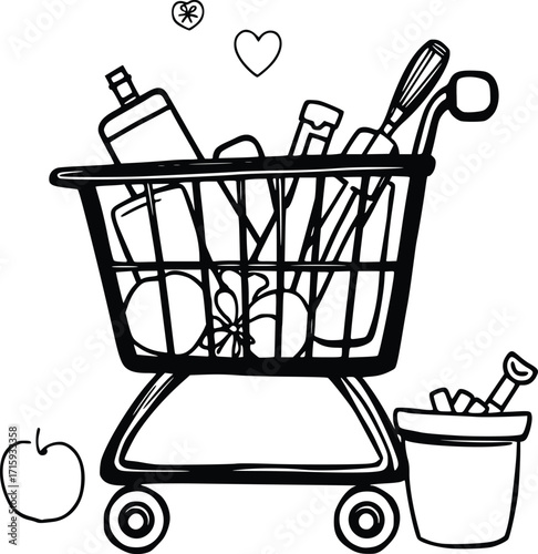 Supermarket Cart Illustration with Food Essentials