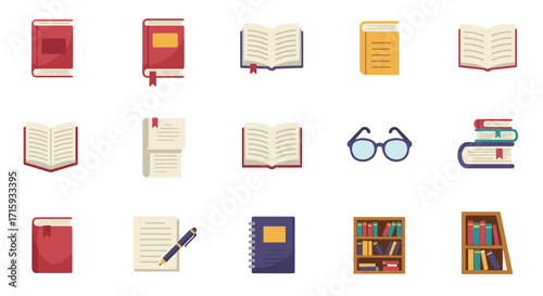 Collection of book and reading icons in a flat design style