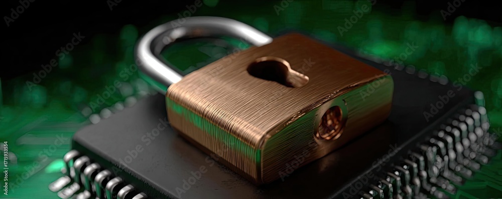 custom made wallpaper toronto digitalCyber security and data protection strategy concept. A close-up of a padlock on a computer chip, symbolizing security.