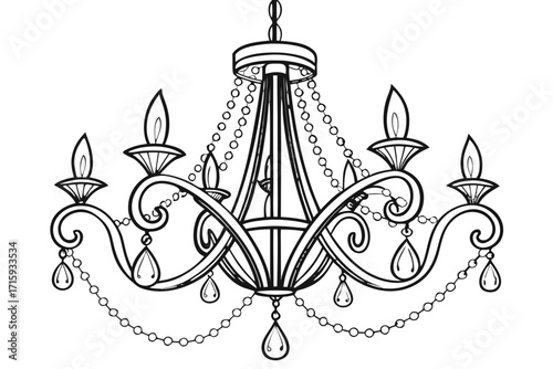 Elegant black line art chandelier with ornate arms candlestyle lights and decorative crystal drops.