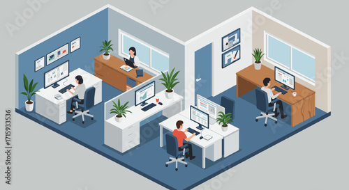 Modern isometric office workspace with employees and digital equipment