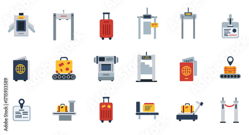 Airport security and baggage icons set featuring modern flat style design
